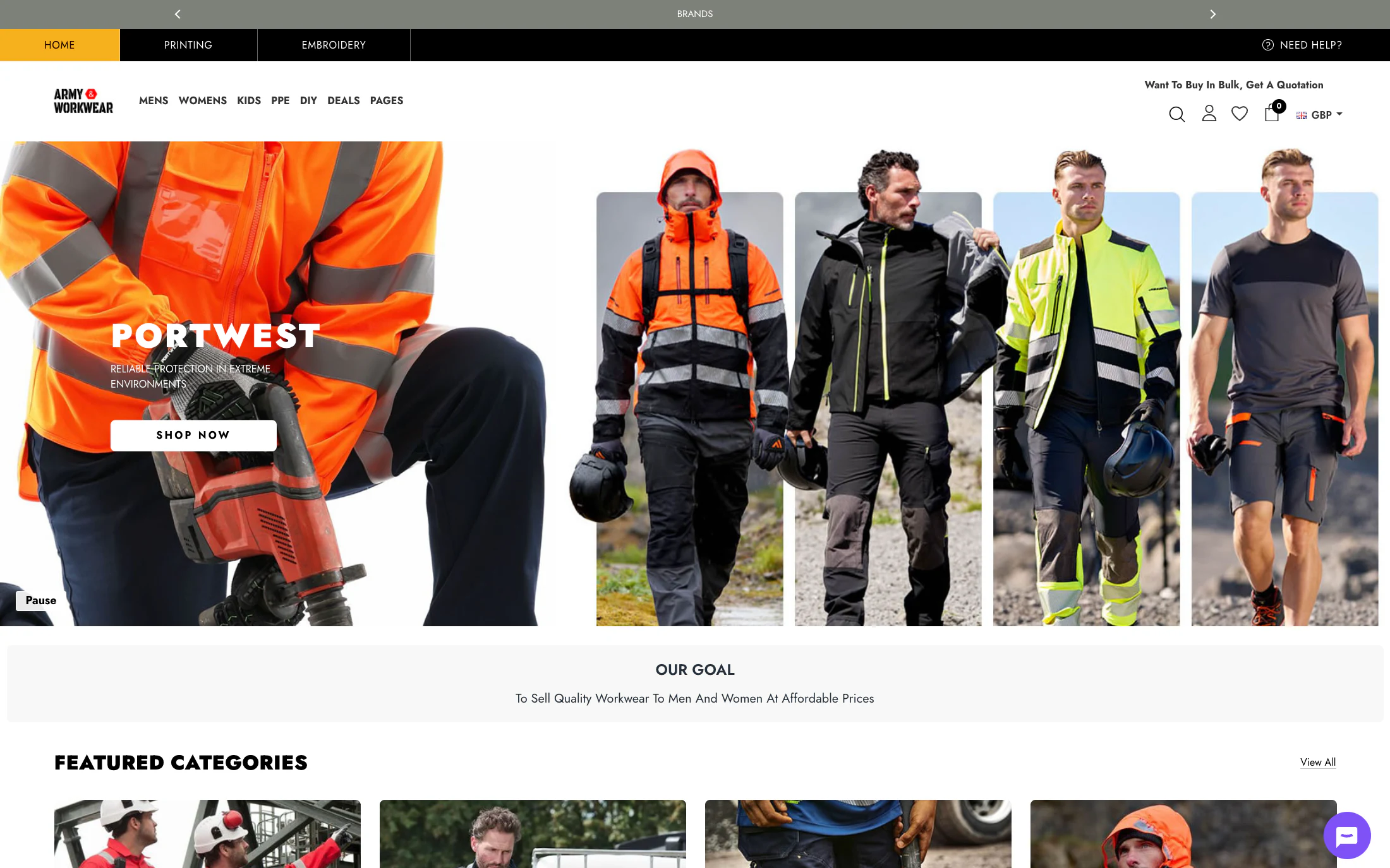 Army And Workwear homepage screenshot — Shopify project by Lofts Studio