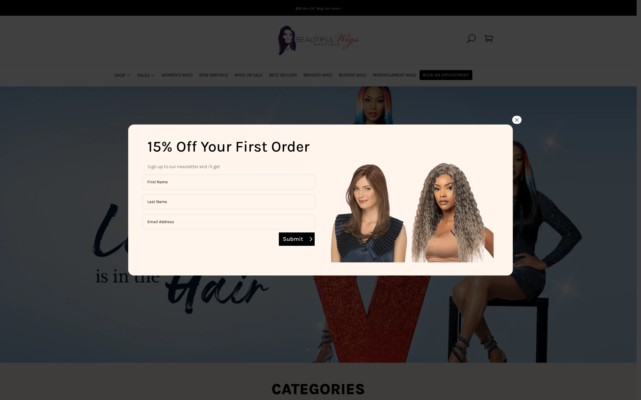 Beautiful Wigs homepage screenshot — Shopify project by Lofts Studio