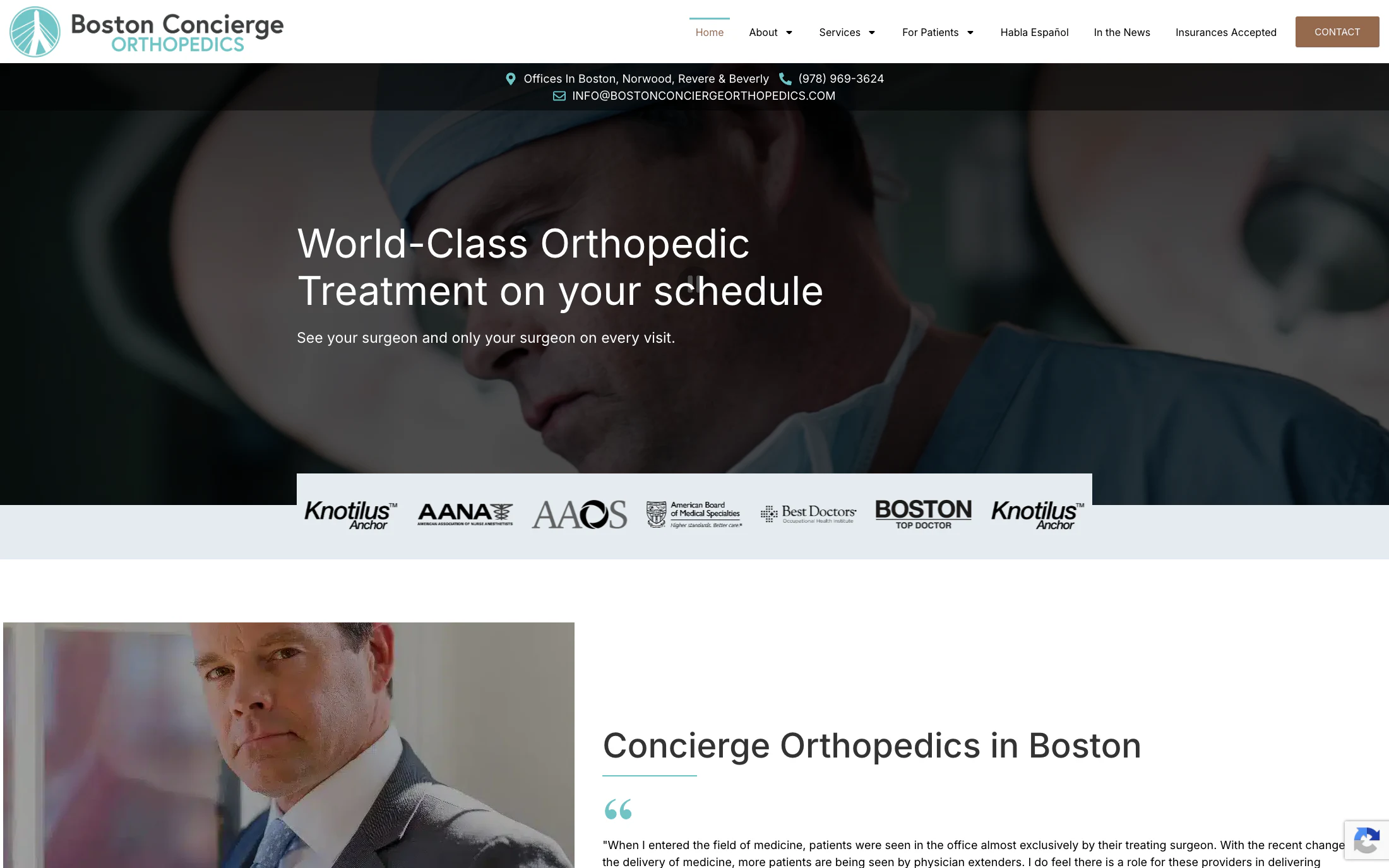 Boston Concierge Orthopedics homepage screenshot — WordPress + Elementor project by Lofts Studio