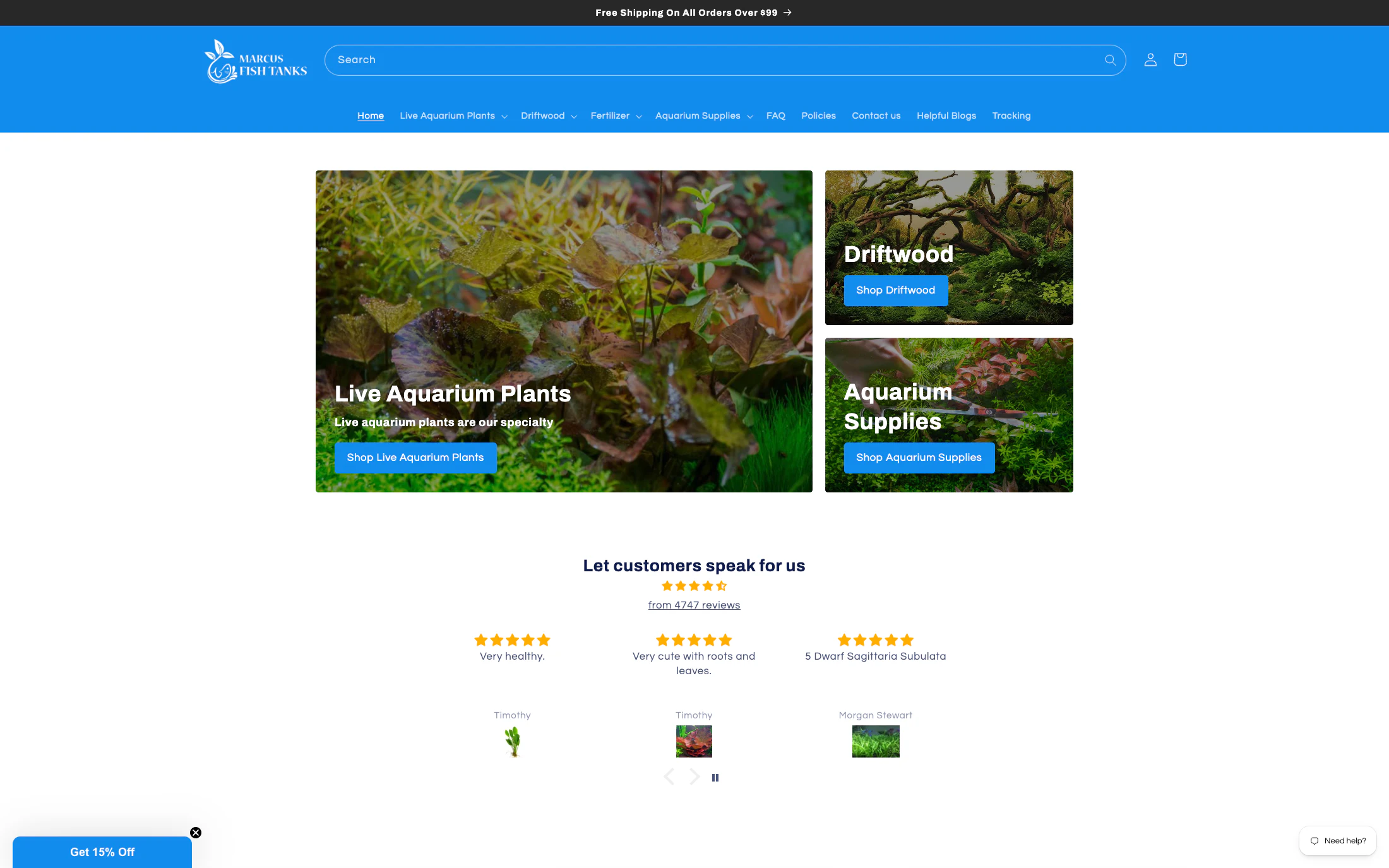 Marcus Fish Tanks homepage screenshot — Shopify project by Lofts Studio
