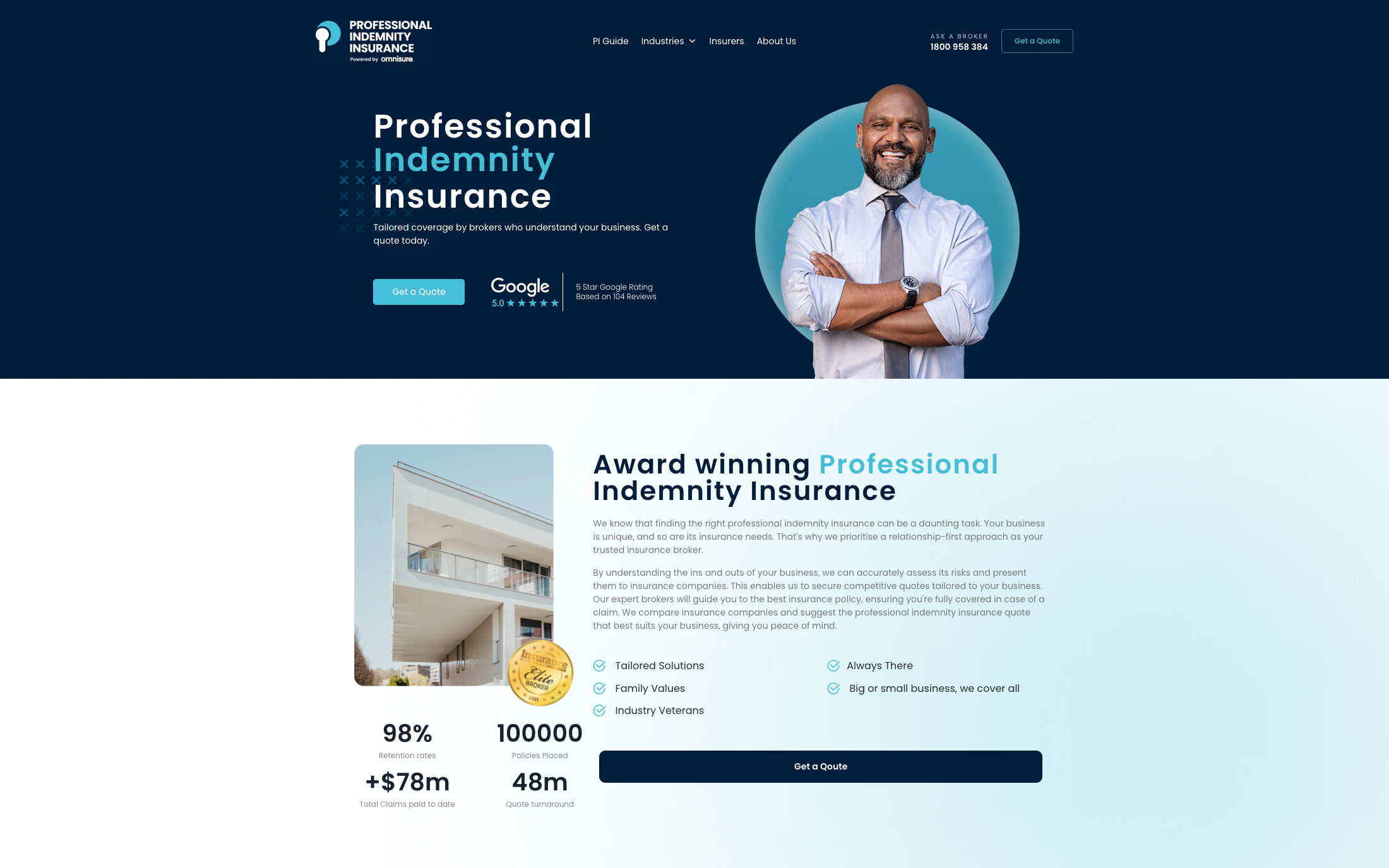 Professional Indemnity Insurance homepage screenshot — WordPress project by Lofts Studio