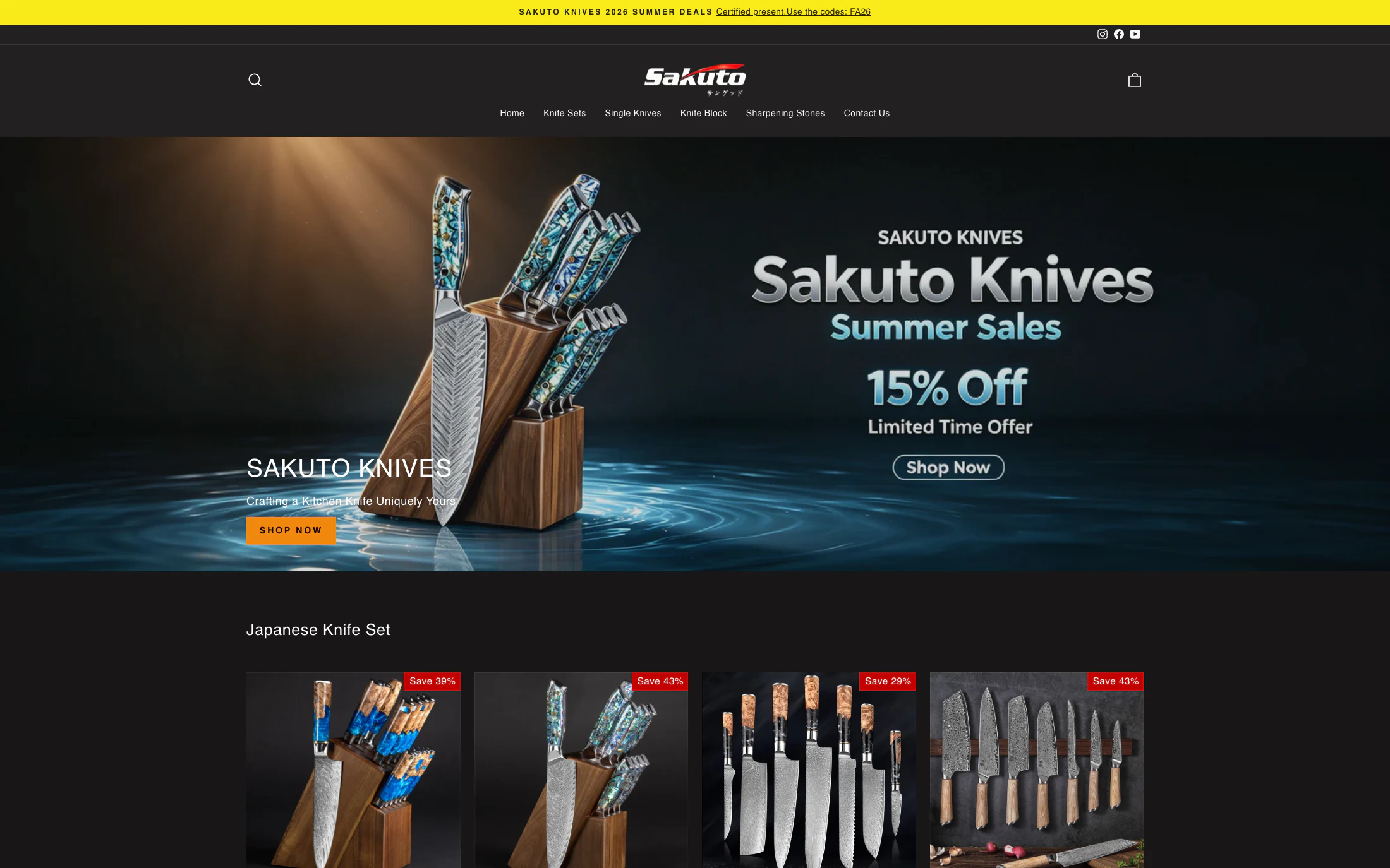 Sakuto Knives homepage screenshot — Shopify project by Lofts Studio